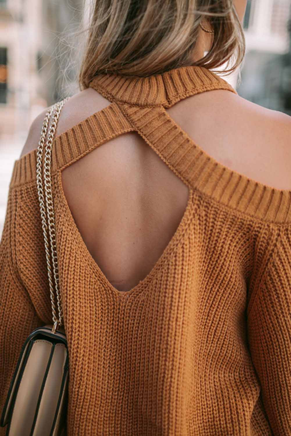 Brown crew neck sweater with off the shoulder back