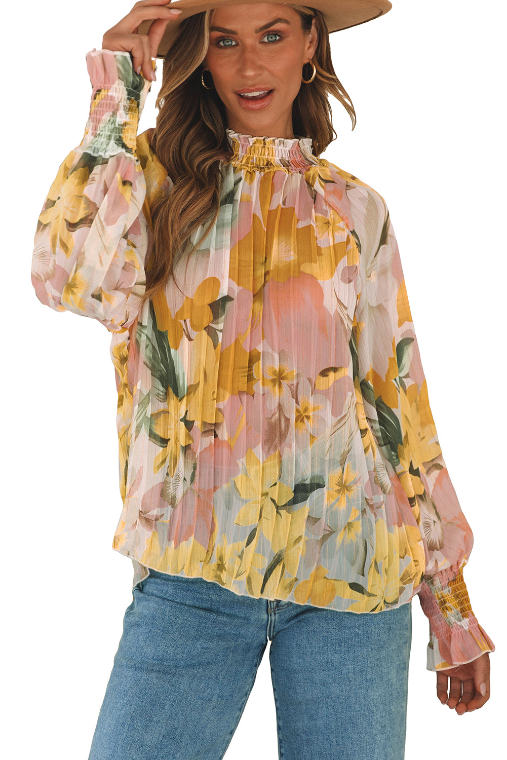 Impression florale jaune Blouse à manche à manches de la manche