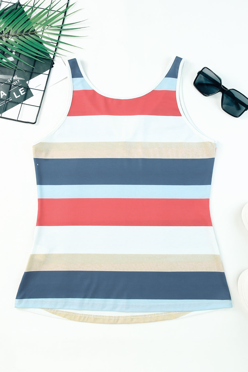 Multicolor Striped Color Block Notched Neck Tank Top