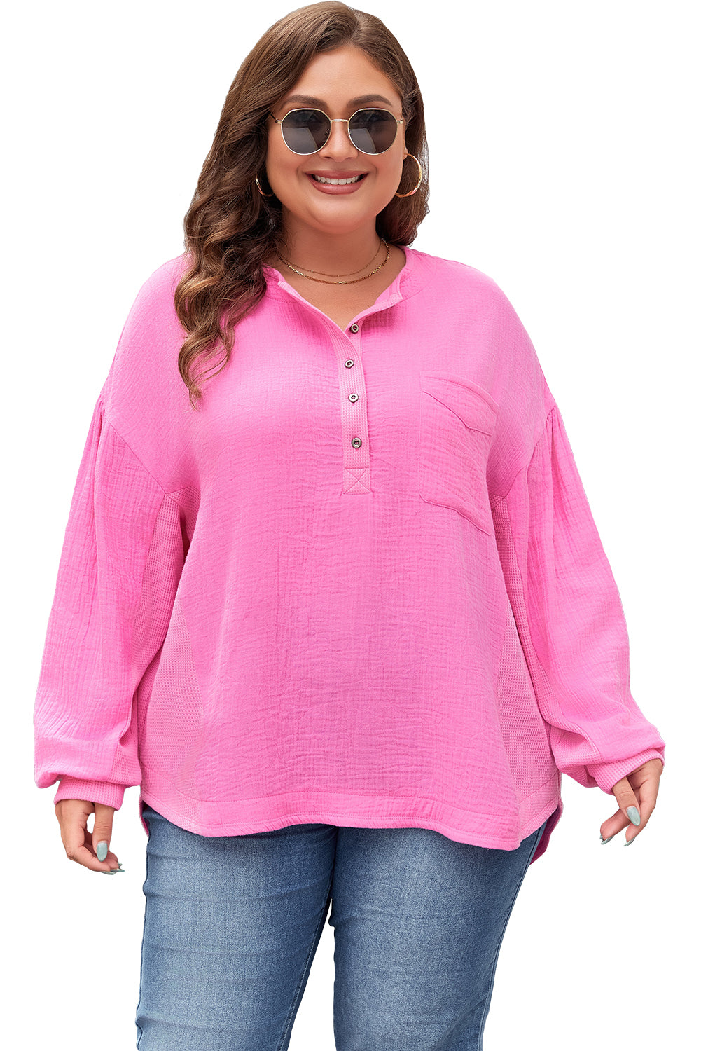 Candy Half Buttons Chest Pocket Dropped Sleeves Plus Size Top