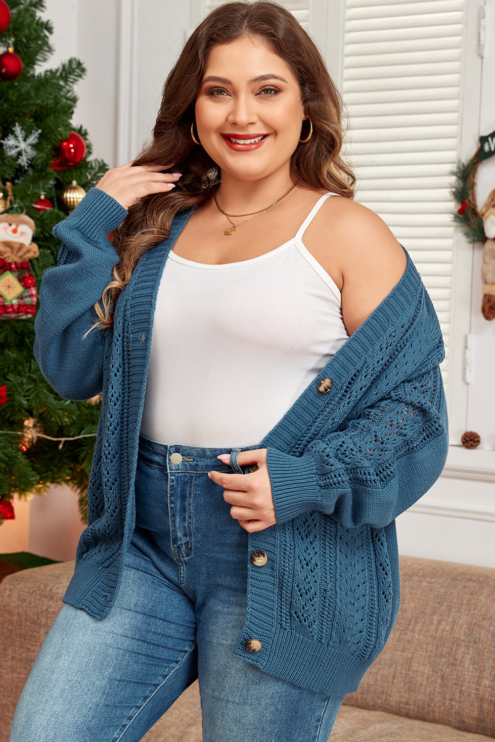 Open Knit Cardigan with V-Neck and Button Front, Dropped Shoulders, Plus Size, Teal