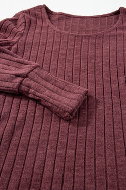 Mineral Red Ribbed Bishop Sleeve Crew Neck Top