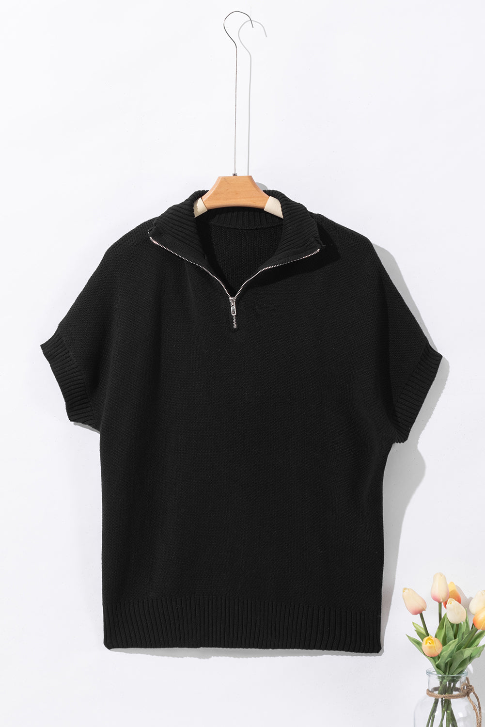 Black Quarter Zip Short Batwing Sweve Sweater