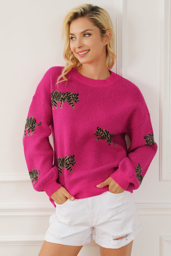 Red Rose Fierce Animal Pattern Casual Knitted Sweater