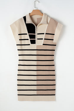 Short -sleeved sweater dress and zipped collar with khaki stripes