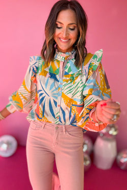 High collar beige shirt and ruffle lantern sleeves and abstract smocked