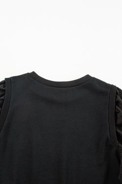 Plain black sweatshirt with patchwork sleeves and round neck