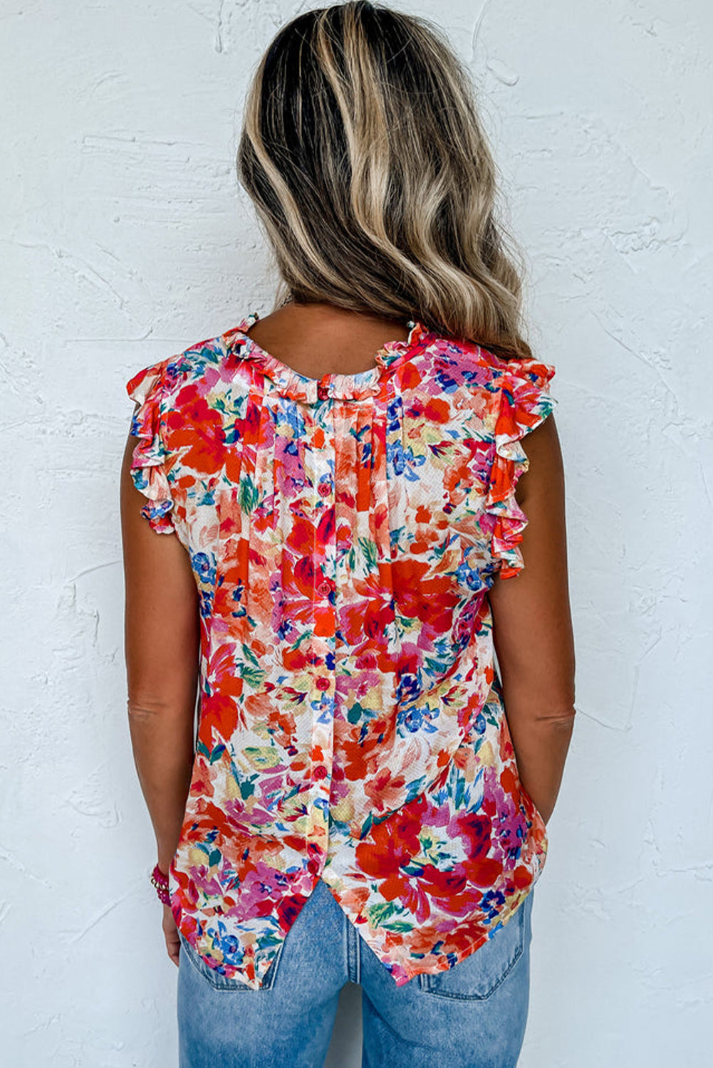 Camiseta de tanque floral boho plisado de cuello con volantes rojos