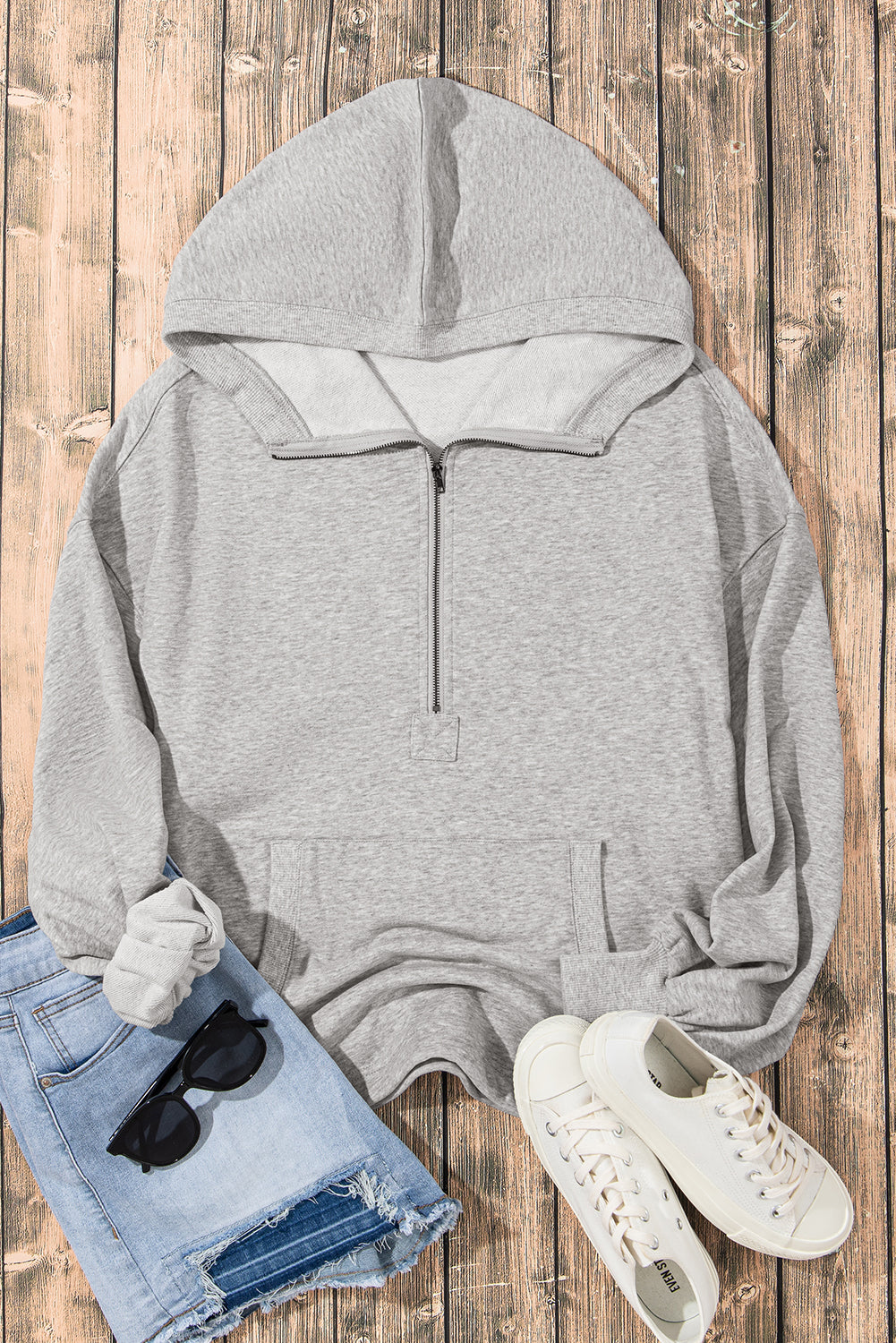 Light Grey Solid Kangaroo Pocket Half Zipper Oversized Hoodie