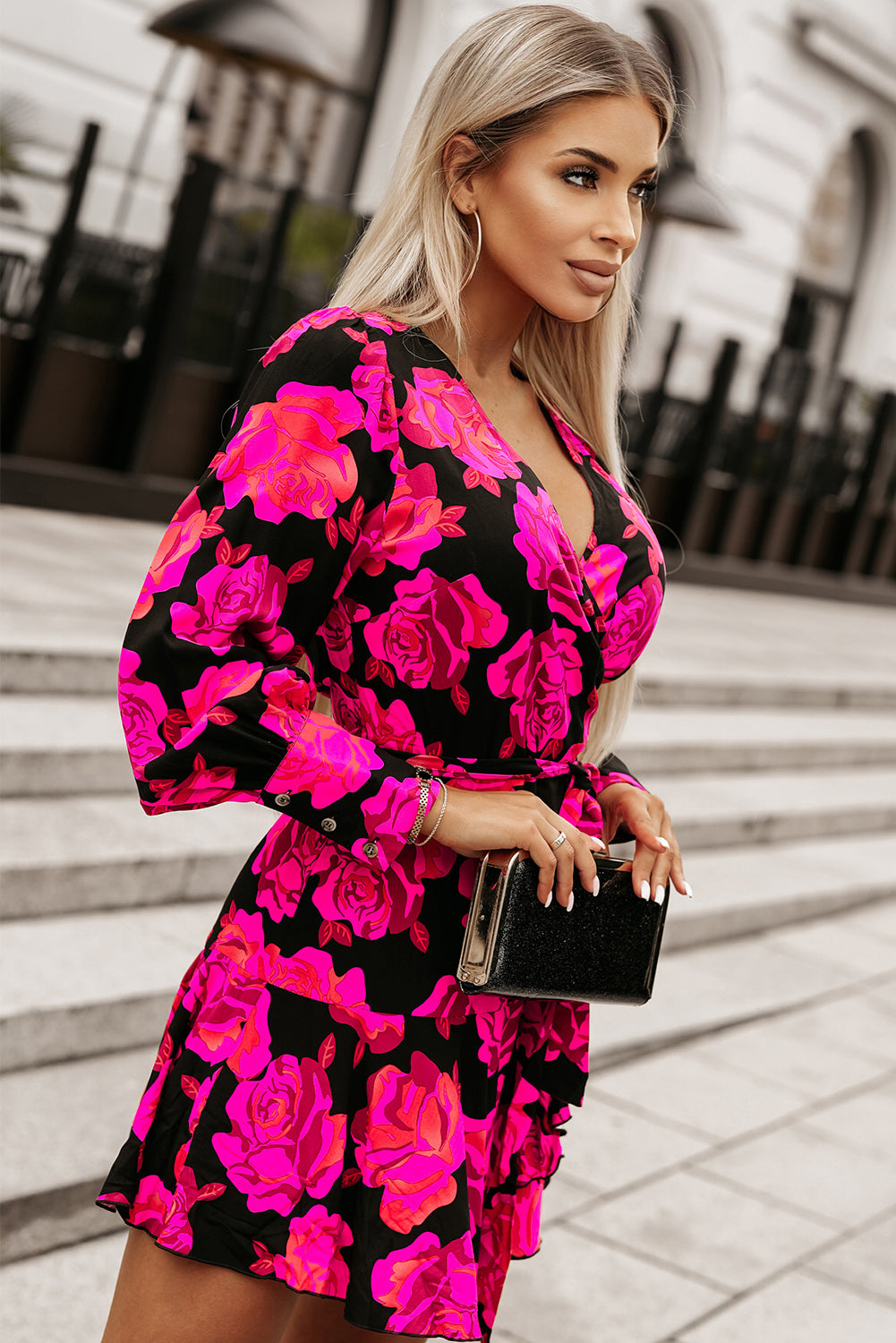 Pink Floral Print V-Neck Bishop Sleeve Ruffle Wrap Mini Dress