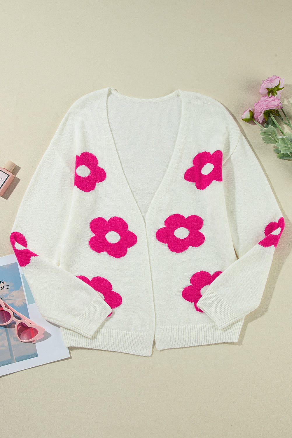 Open front cardigan with red pink flower pattern