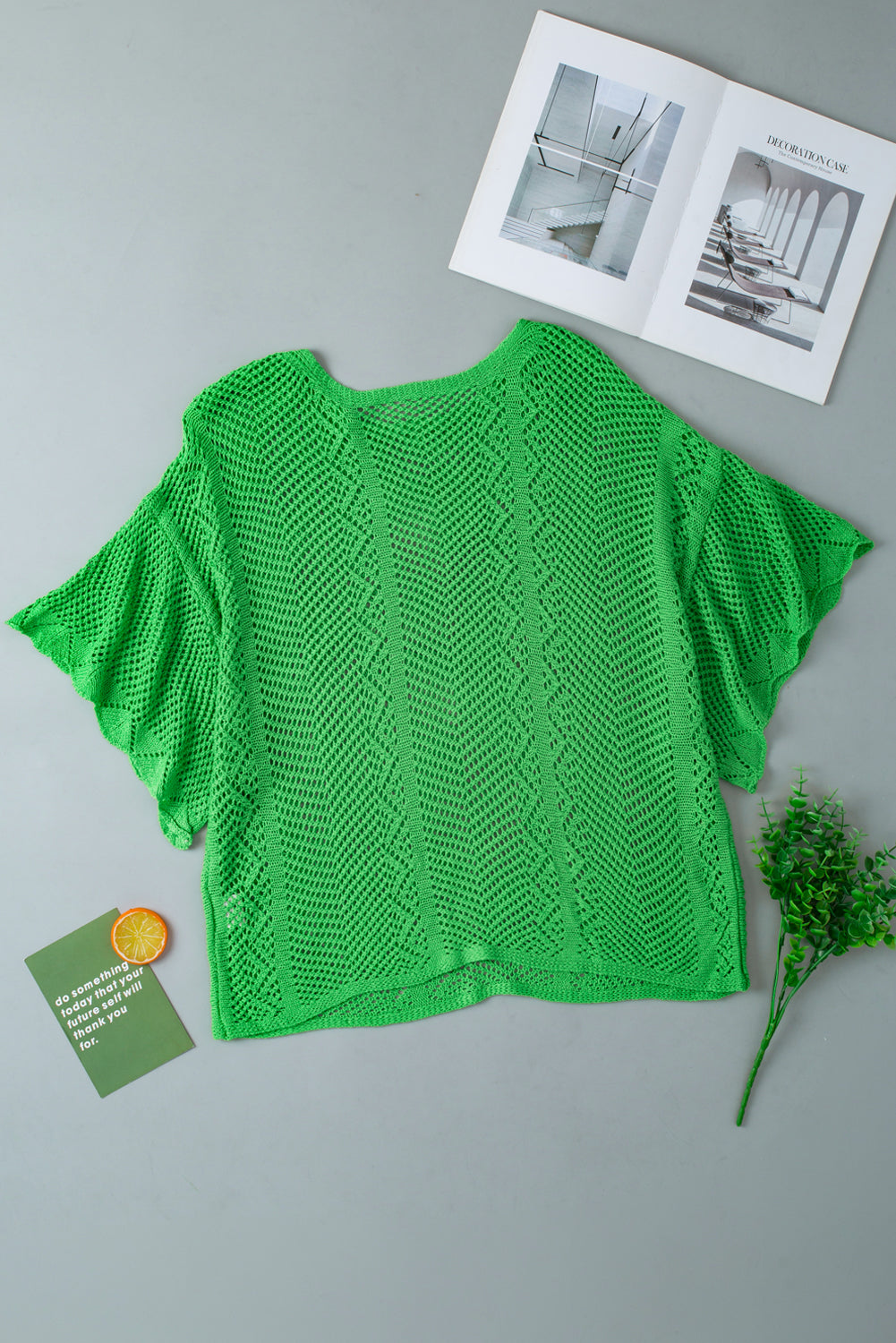 Green Pointelle Knit Scallop Edge Short Sleeve Top