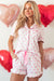 Pink pajama set printed bow tie with short sleeves and ruffle shorts for Valentine's Day