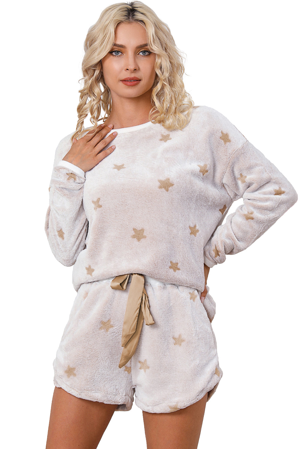 Weißes Plüschsternmuster Langarm Pullover und Shorts Lounge Set