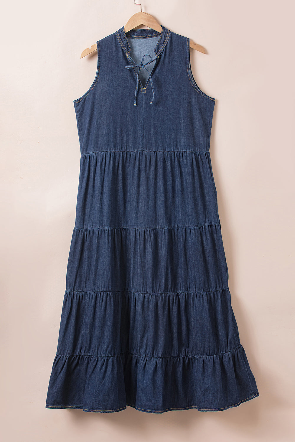 Echtes blaugrüne ärmelloses Chambray Maxi -Kleid