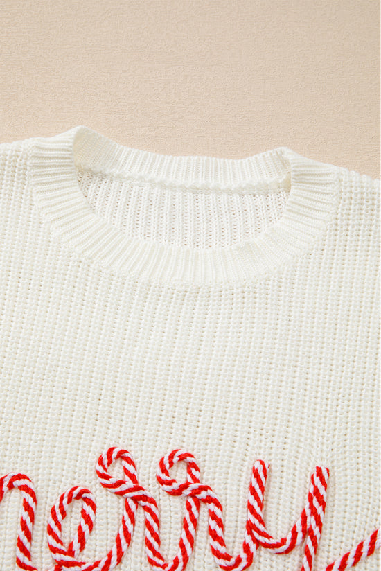 Christmas sweater with white stripes with joyful and bright letters