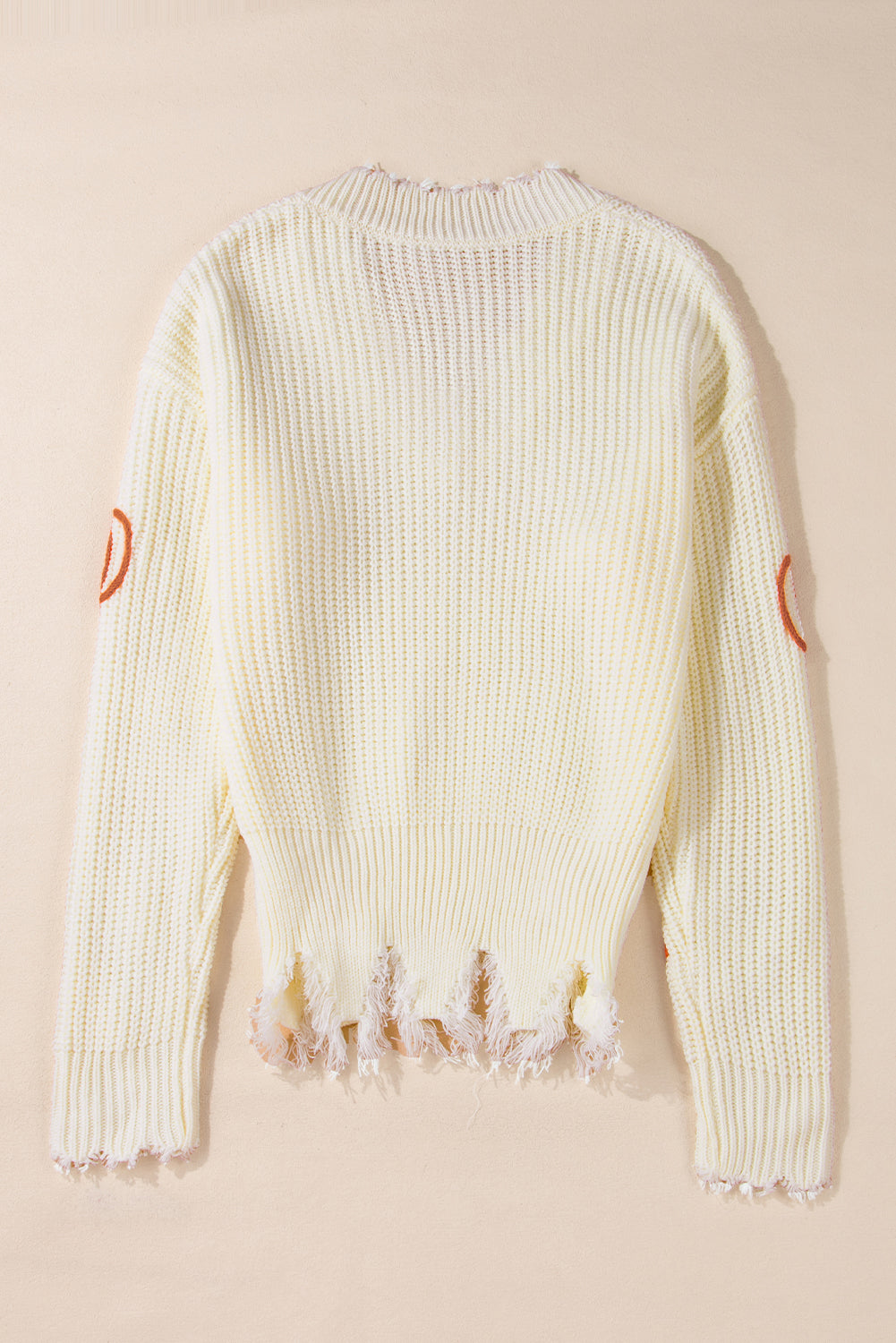 Beige cable knit loose sweater with raw hem and V-neck