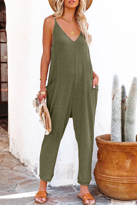 Green Textured Sleeveless V-Neck Pockets Casual Jumpsuit