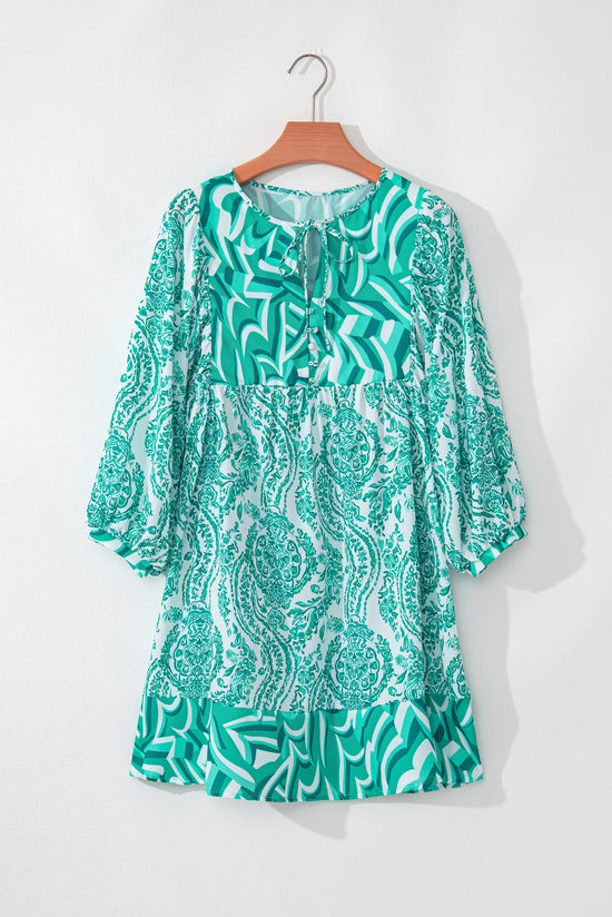 Green Bohemian Print V-Neck Tie Front Puff Sleeve Flared Mini Dress