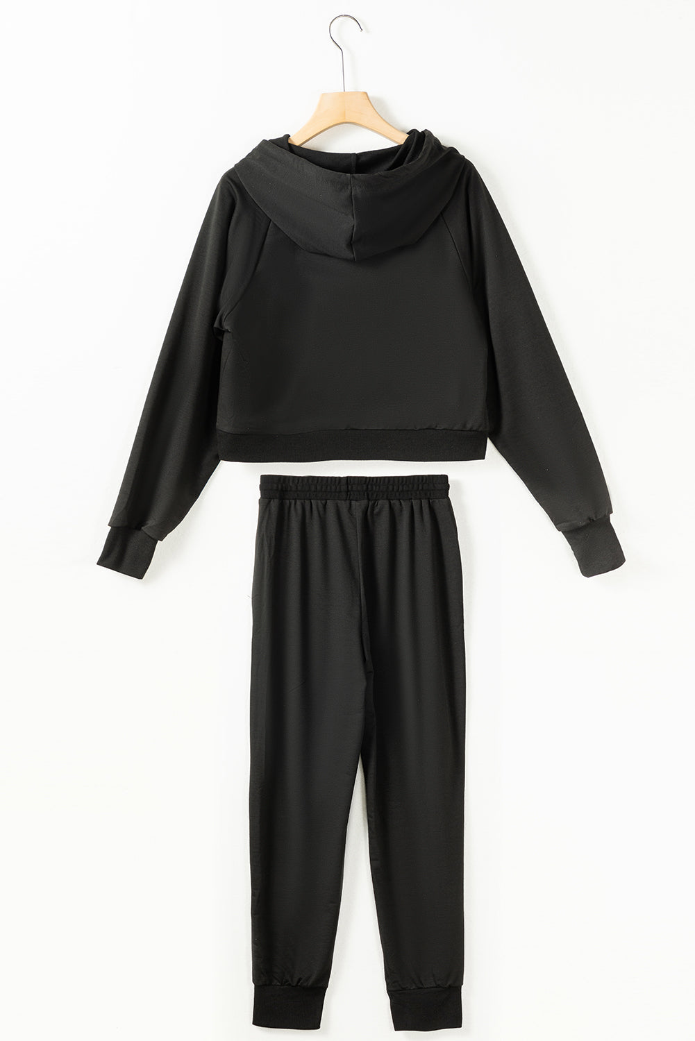 Black Hooded Drawstring Lounge Set with High Waisted Pants