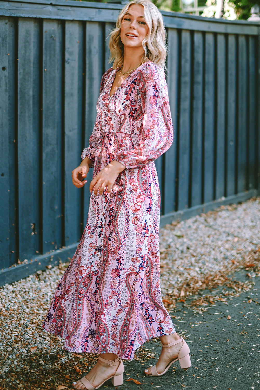 Multicolour boho paisley imprimer V couche-cou empire taille maxi robe