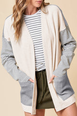 Cardigan ouvert sur le devant en patchwork à rayures noires avec poche-A WOMAN WE LOVE