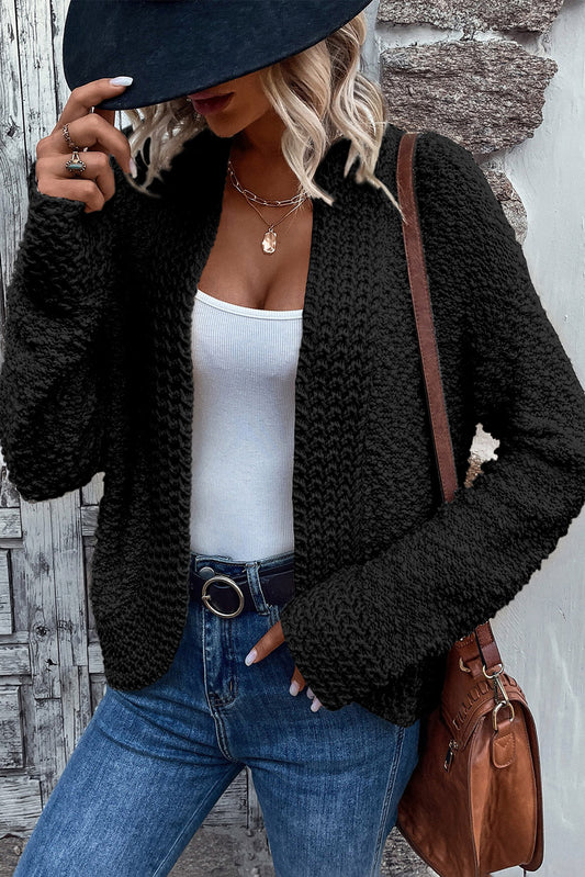 Cardigan noir ouvert sur le devant en tricot Popcorn