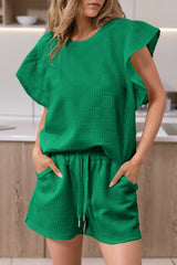 Ensemble t-shirt à manches volantées texturé vert vif et short à cordon de serrage-A WOMAN WE LOVE