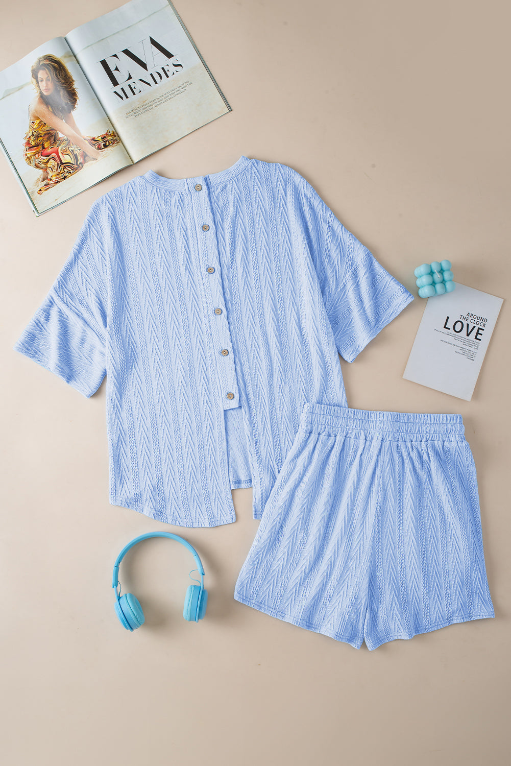 Beau Blue strukturierte geknöpfte T -Shorts -Shorts Set