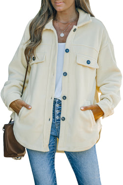 Beige button-down shirt jacket with turn-down collar