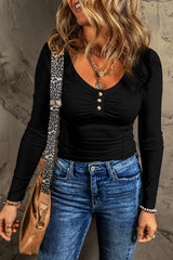 Black Textured Slim Long Sleeve Henley Top
