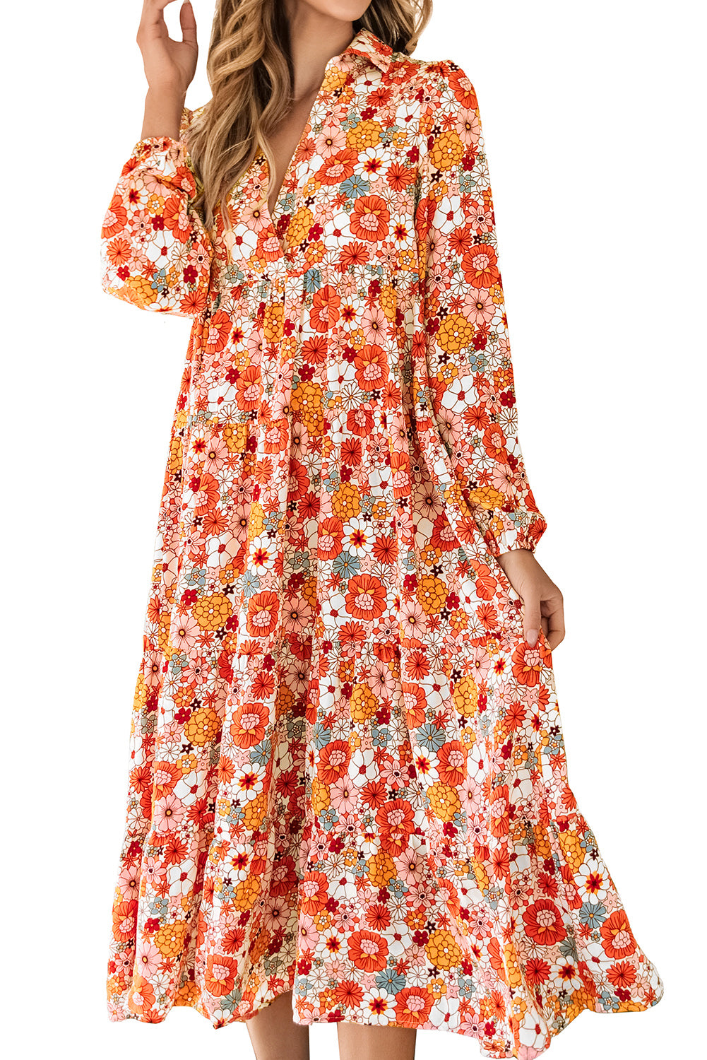 Multicolor Boho Floral Coule à manches longues Robe à volants