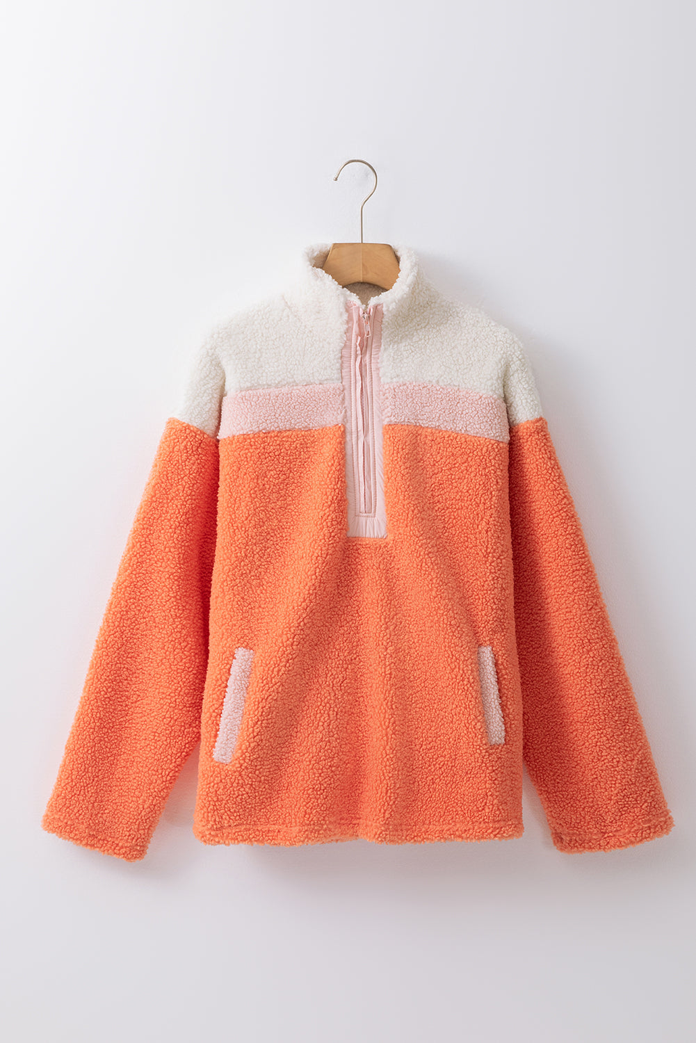 Orange Colorblock Half Reißverschluss Hals Sherpa Sweatshirt