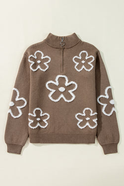 Half-zip mock neck sweater with contrasting parchment flowers