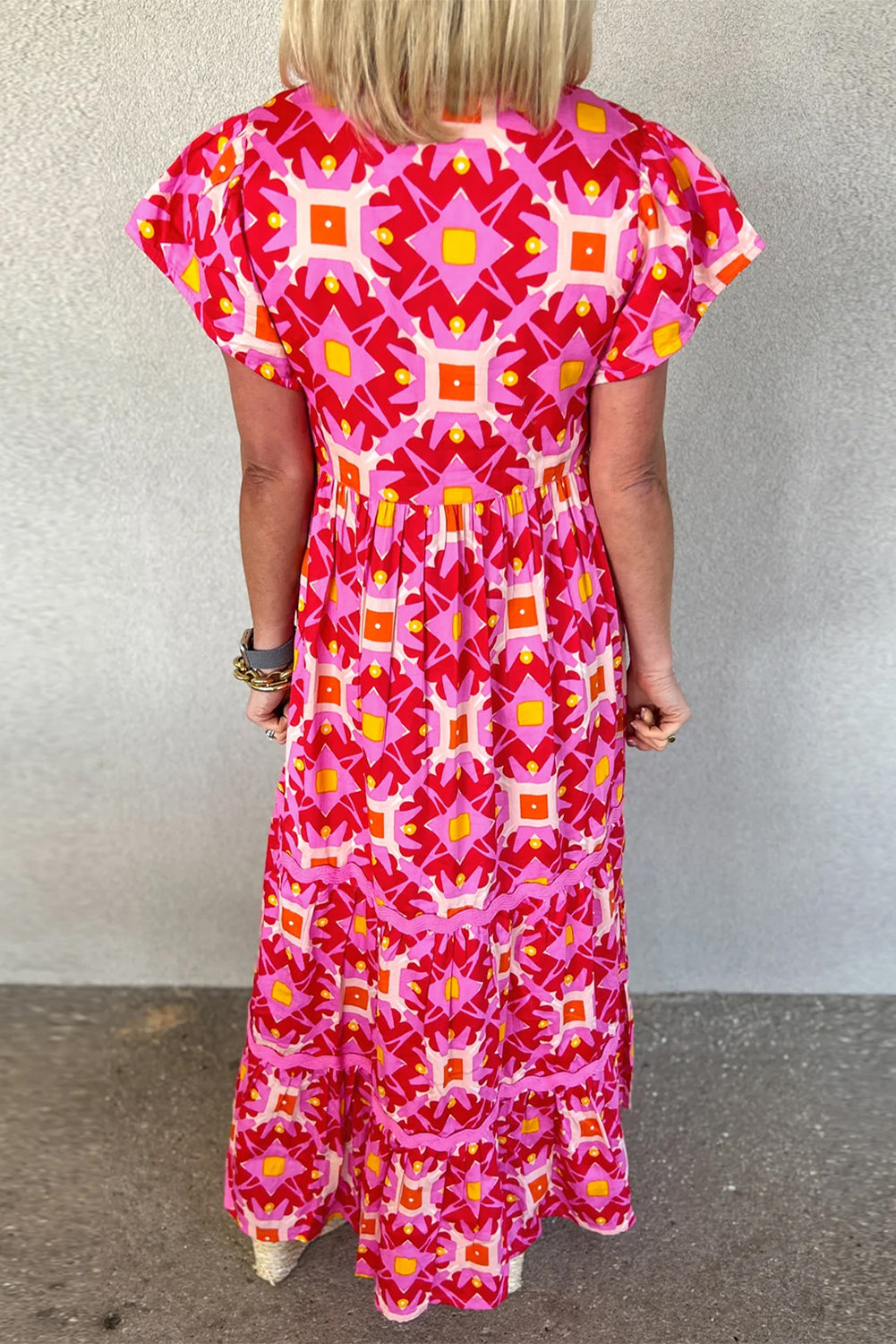 Erdbeerrosa Geo Print V-Ausschnitt Maxikleid