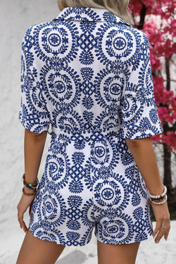 Blue mandala print short sleeve belted shirt romper