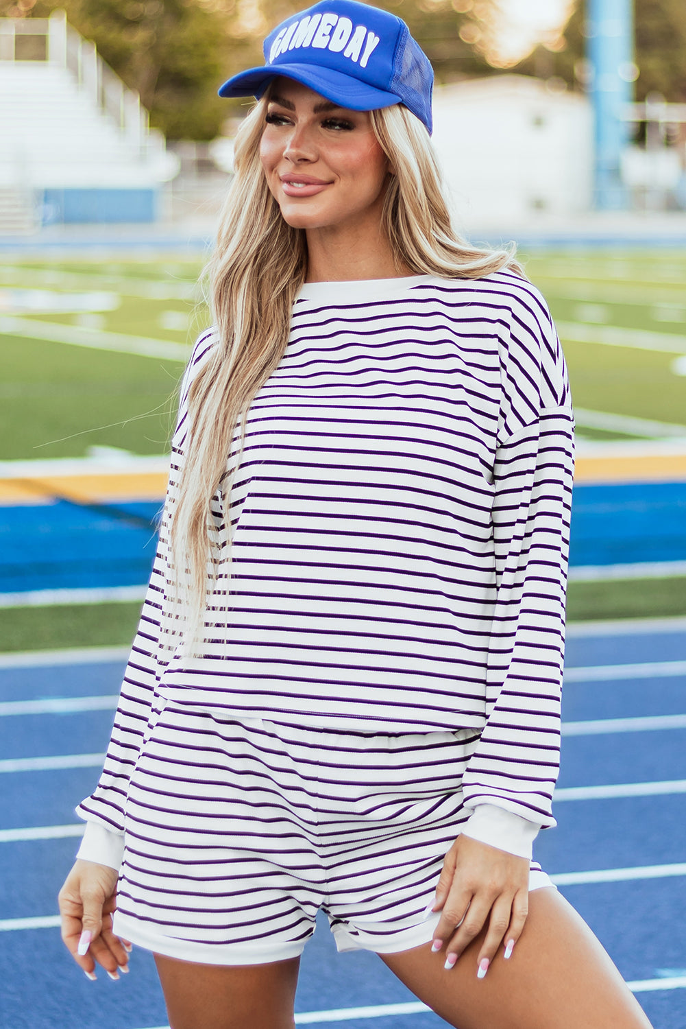 Black Striped Textured 3/4 Sleeve Top and Shorts Set