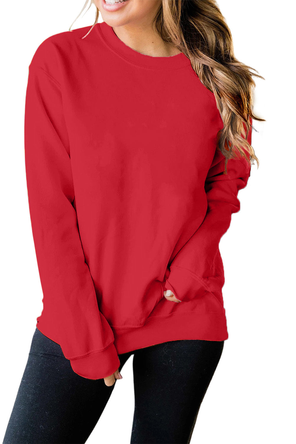 Red Plain Crew Neck Pullover Sweatshirt