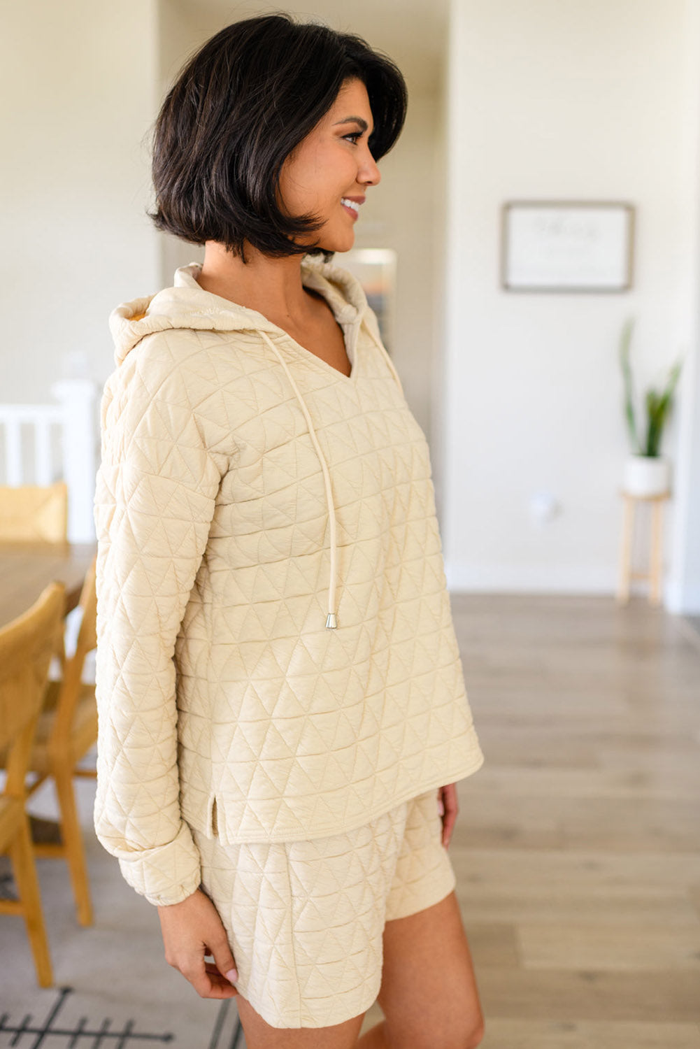 Beige Quilted V-Neck Drawstring Hoodie and Shorts Set