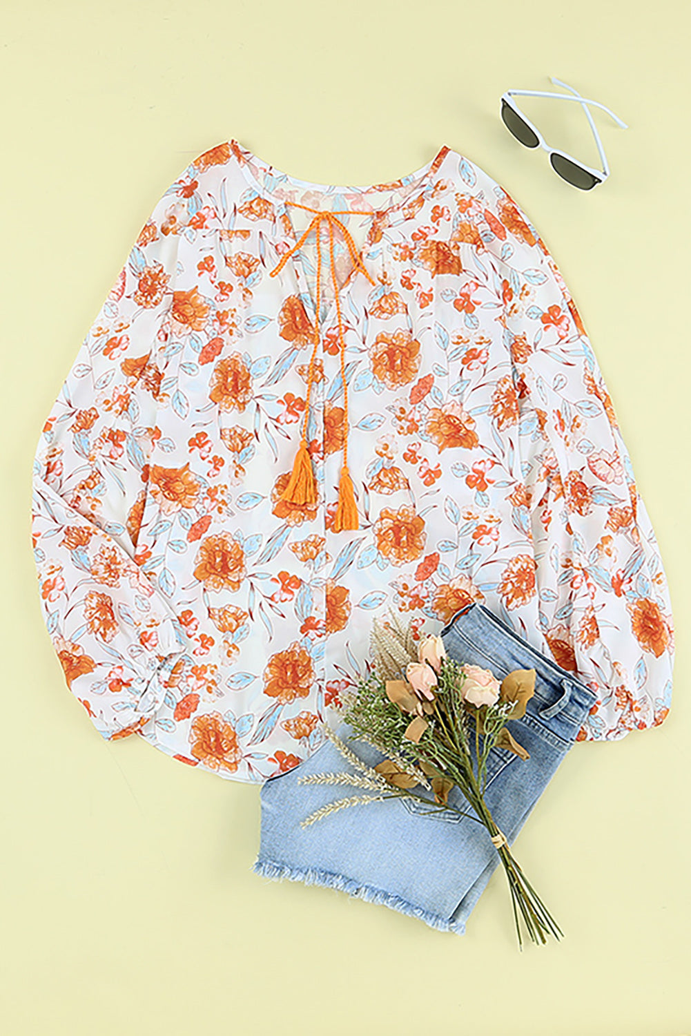 Orange Split V Neck Blumendruck Dolman Bluse