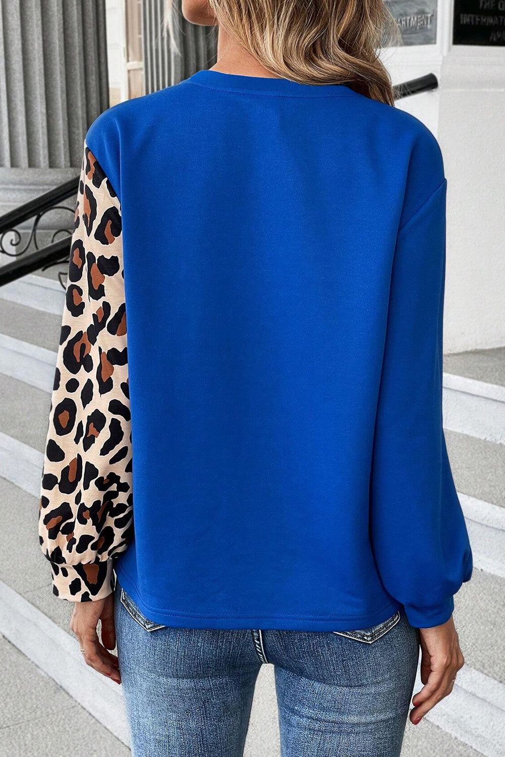 Dunkelblau Leopard Print Colorblock Long Sleeve Top