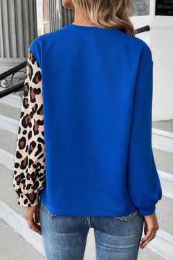 Dark Blue Leopard Print Color Block Long Sleeve Top