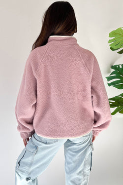 Fushia Plush Sweatshirt with Stand-Up Collar and Half-Button Zip Pocket