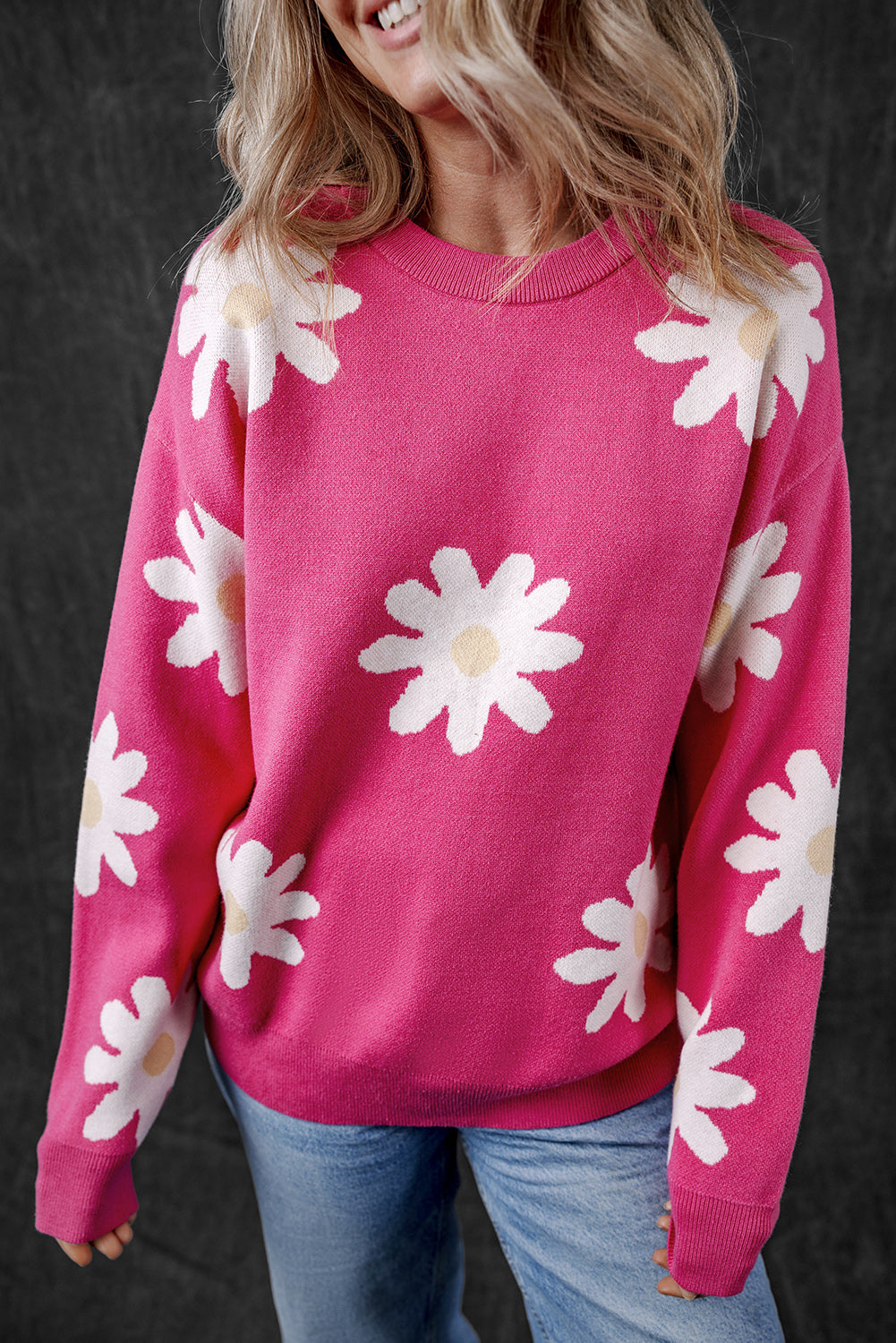 Hot Pink Daisy Flower Crew Neck Long Sleeve Sweater