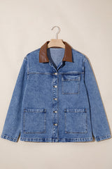Sky Blue Patchwork Faux Leather Collar Long Sleeve Denim Jacket