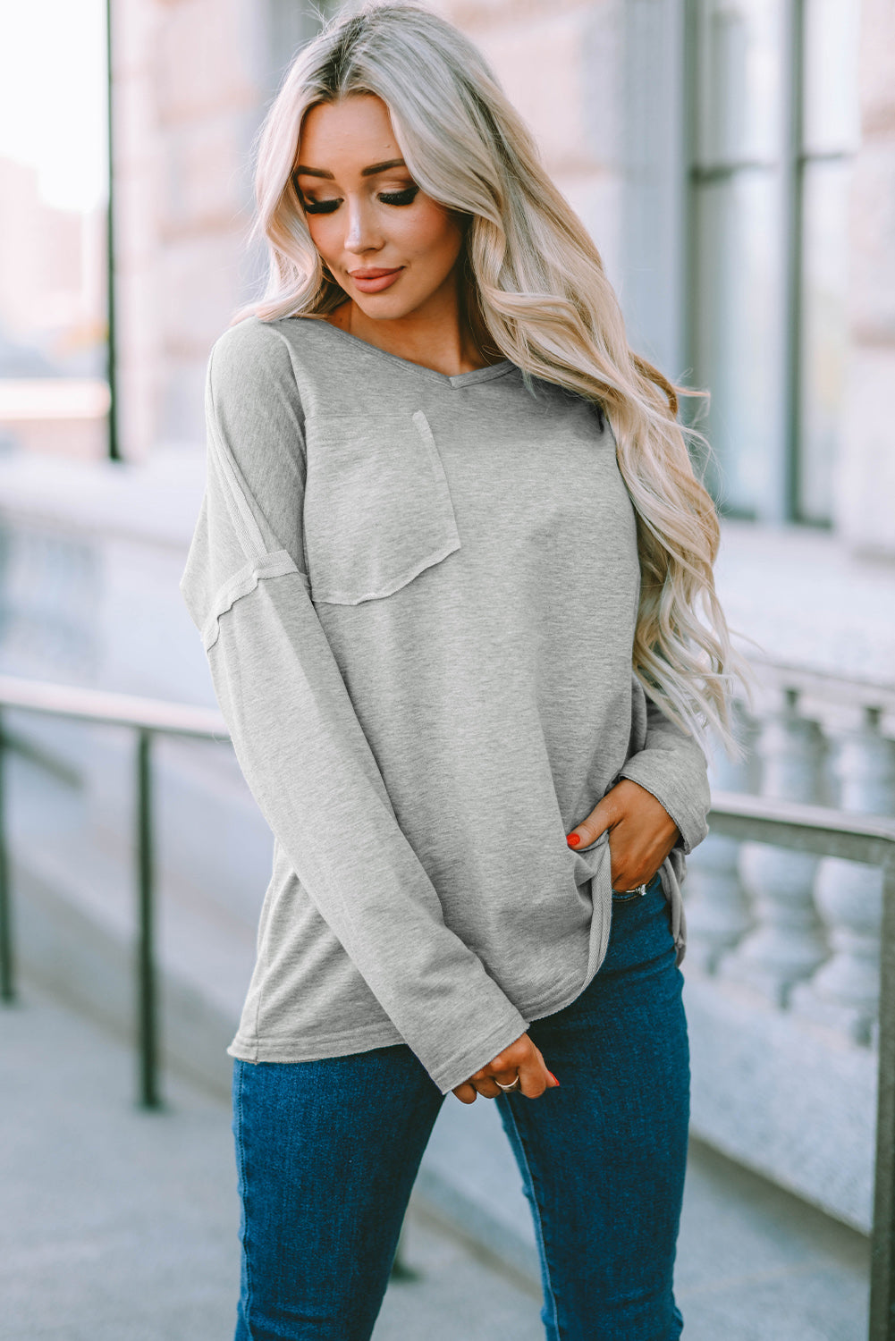 Gray Pocketed Oversized Drop Sleeve Top