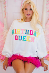 Sudadera de manga de balón blanco y estampado de reina de cumpleaños