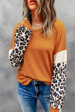 Brown long sleeve top with leopard sequin patchwork