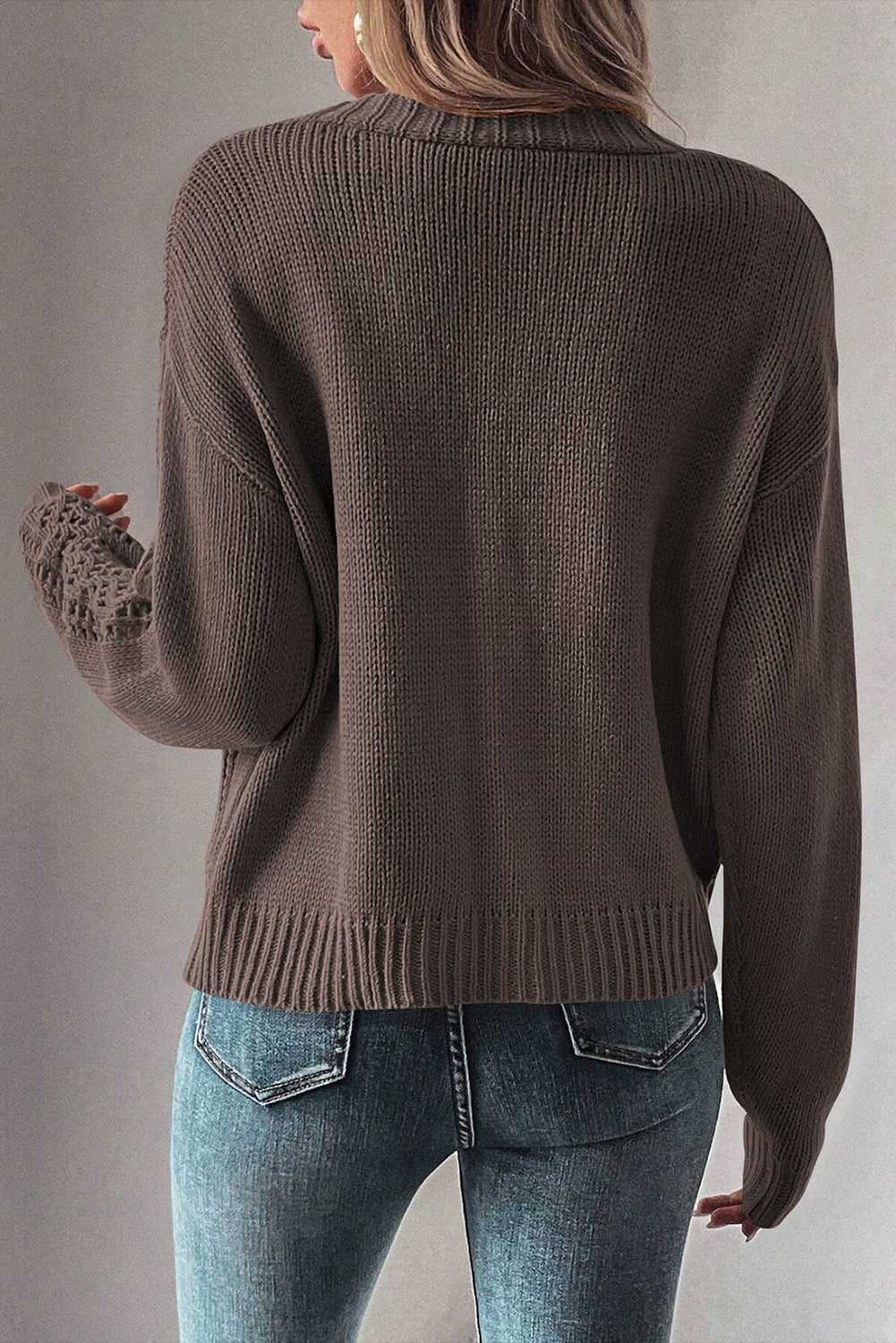 Cardigan pull kaki foncé en tricot ouvert à épaules tombantes