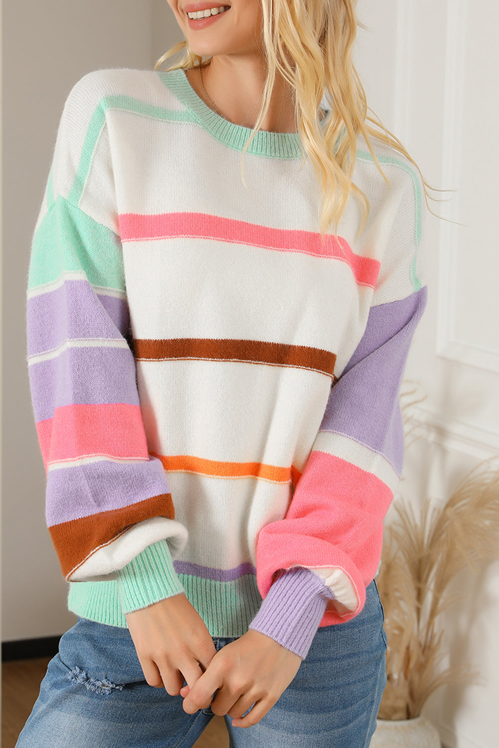 Multicolored striped drop shoulder sweater